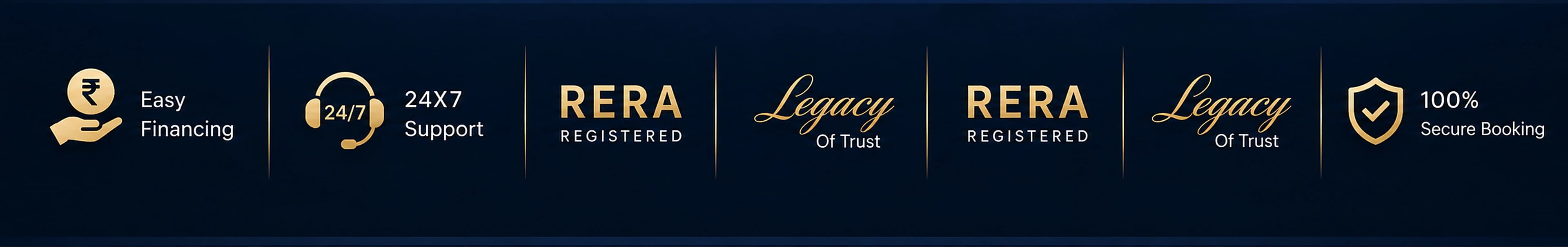 Easy Financing, 24x7 Support, RERA Registered, Legacy Of Trust, 100% Secure Booking