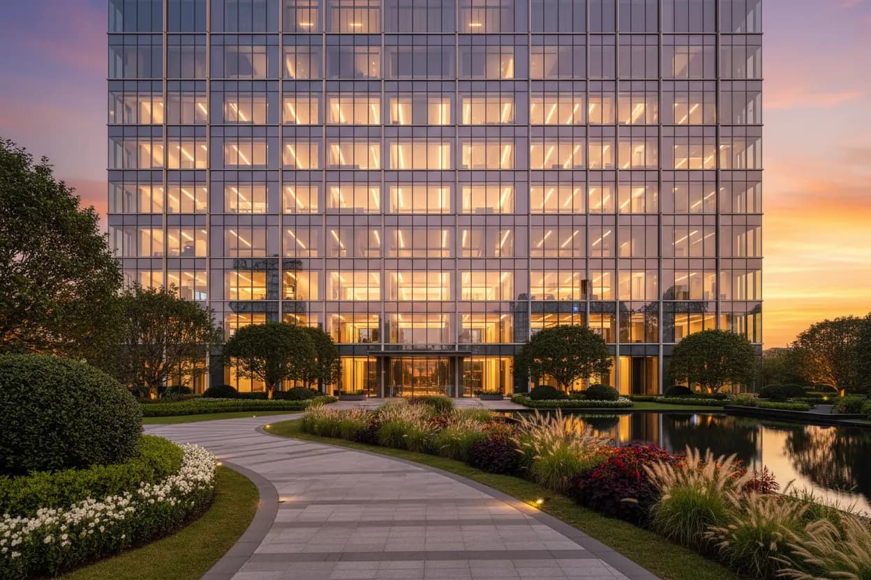 Dharohar Land Corporation headquarters building at dusk